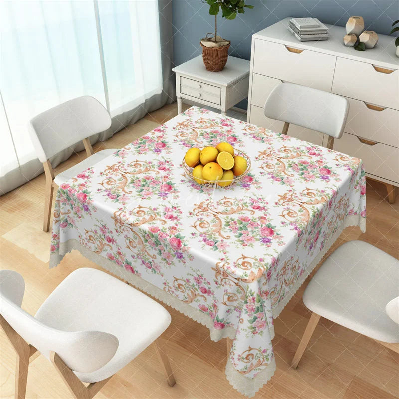 Aperturee - Aperturee Shabby Chic Pink Rose and Gold Scroll Rectangle Tablecloth Floral Lace Edge Table Cover for Tea Party