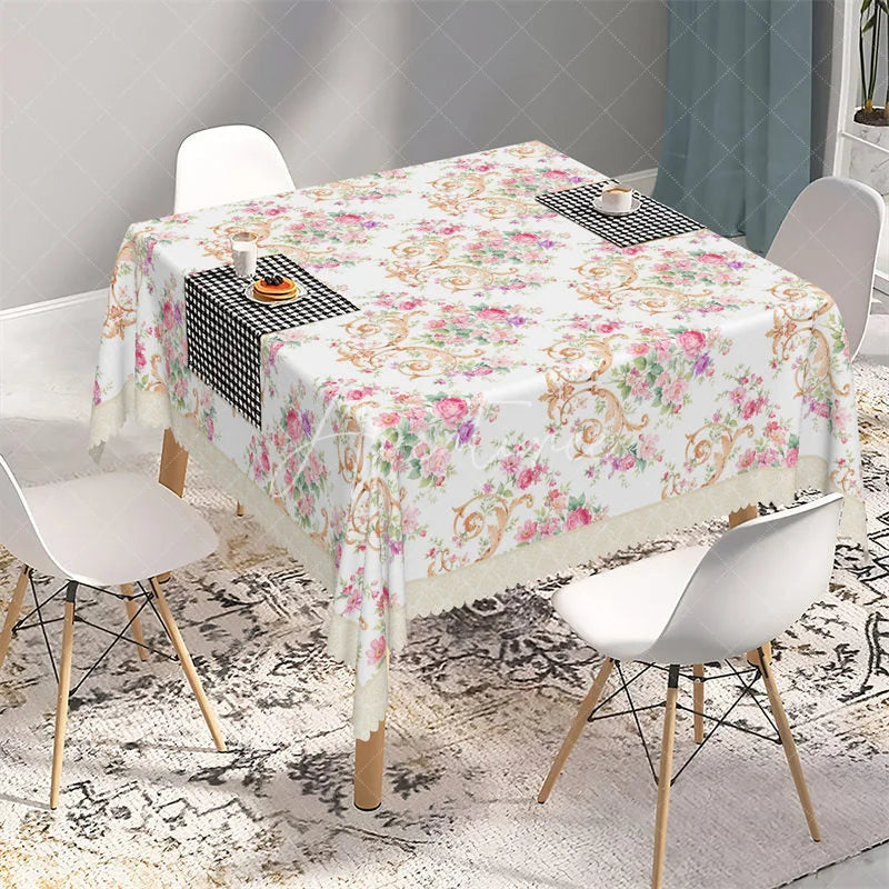 Aperturee - Aperturee Shabby Chic Pink Rose and Gold Scroll Rectangle Tablecloth Floral Lace Edge Table Cover for Tea Party