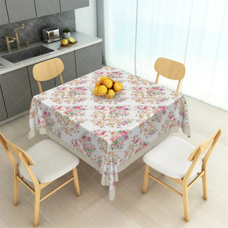 Aperturee - Aperturee Shabby Chic Pink Rose and Gold Scroll Rectangle Tablecloth Floral Lace Edge Table Cover for Tea Party