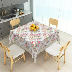Aperturee - Aperturee Shabby Chic Pink Rose and Gold Scroll Rectangle Tablecloth Floral Lace Edge Table Cover for Tea Party