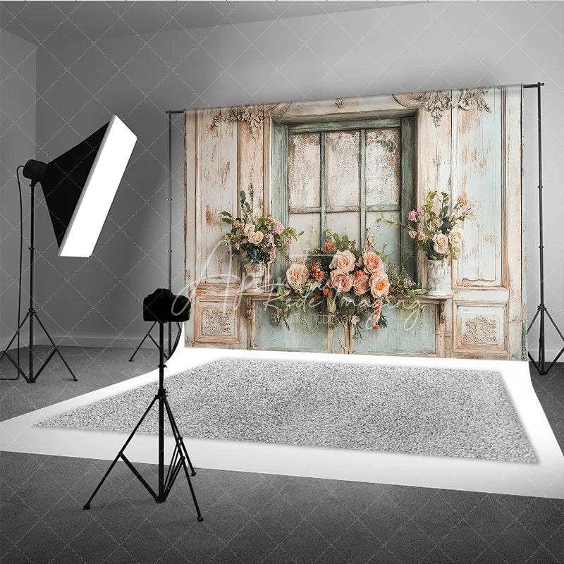 Aperturee - Aperturee Shabby Chic Window and Rose Photography Backdrop Rustic French Country Floral Photo Background