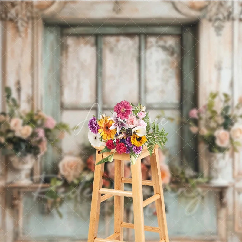 Aperturee - Aperturee Shabby Chic Window and Rose Photography Backdrop Rustic French Country Floral Photo Background