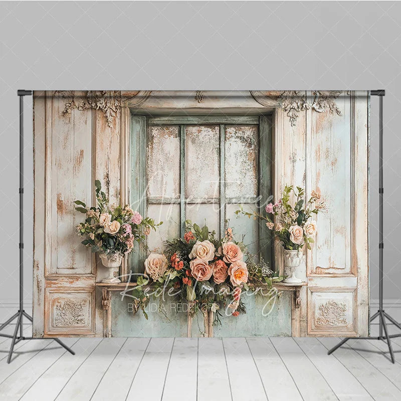 Aperturee - Aperturee Shabby Chic Window and Rose Photography Backdrop Rustic French Country Floral Photo Background