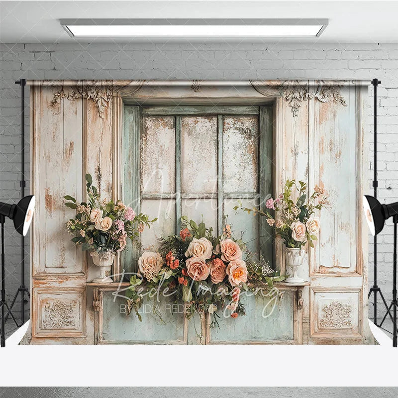 Aperturee - Aperturee Shabby Chic Window and Rose Photography Backdrop Rustic French Country Floral Photo Background