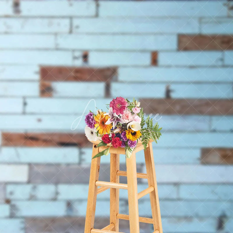 Aperturee - Aperturee Shabby Light Blue Brown Wood Grain Photo Backdrop