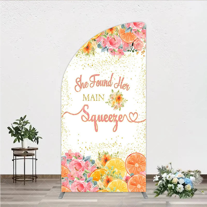Aperturee - Aperturee She Found Her Main Squeezer Half Moon Arch Backdrop Pink Floral Citrus Bridal Shower Engagement Party Decor