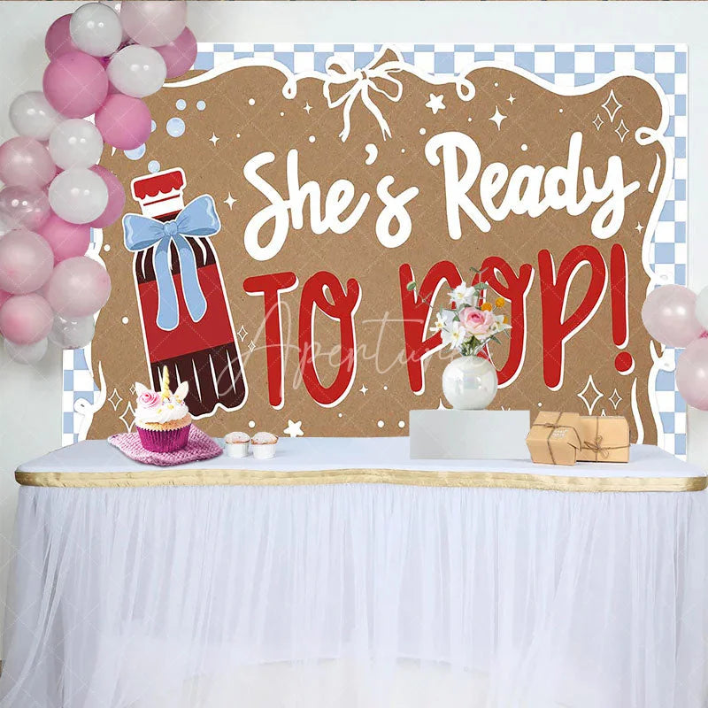 Aperturee - Aperturee She is Ready to Pop Baby Shower Backdrop Blue Checkered Soda Theme Party Decoration