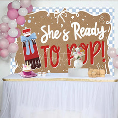 Aperturee - Aperturee She is Ready to Pop Baby Shower Backdrop Blue Checkered Soda Theme Party Decoration