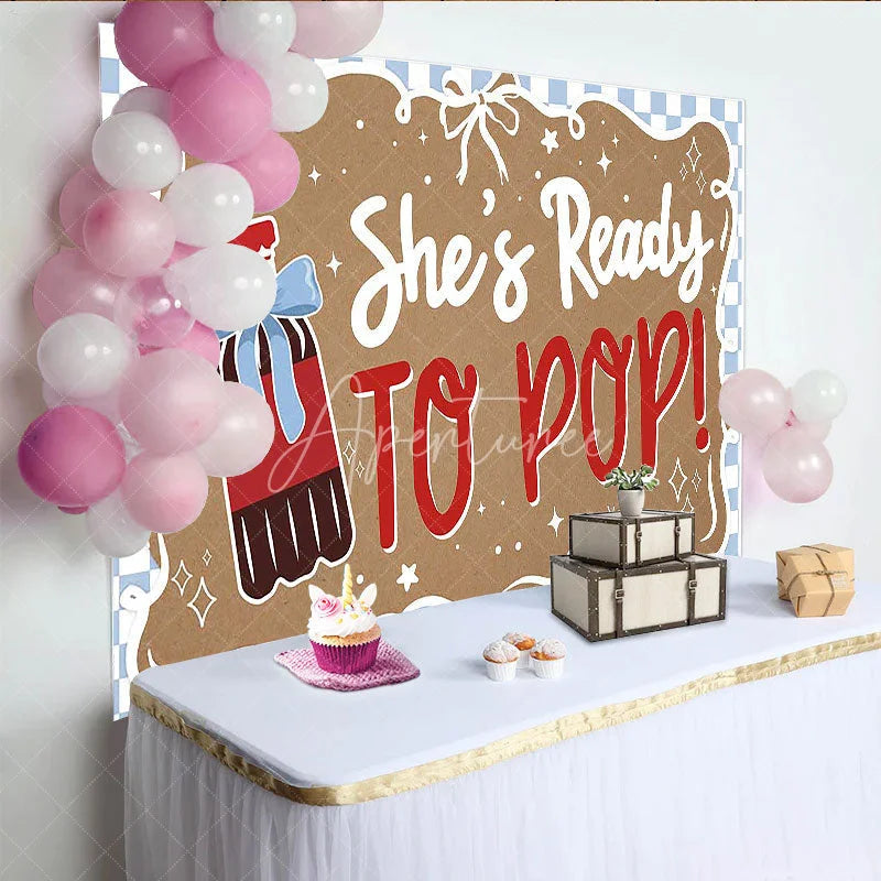 Aperturee - Aperturee She is Ready to Pop Baby Shower Backdrop Blue Checkered Soda Theme Party Decoration