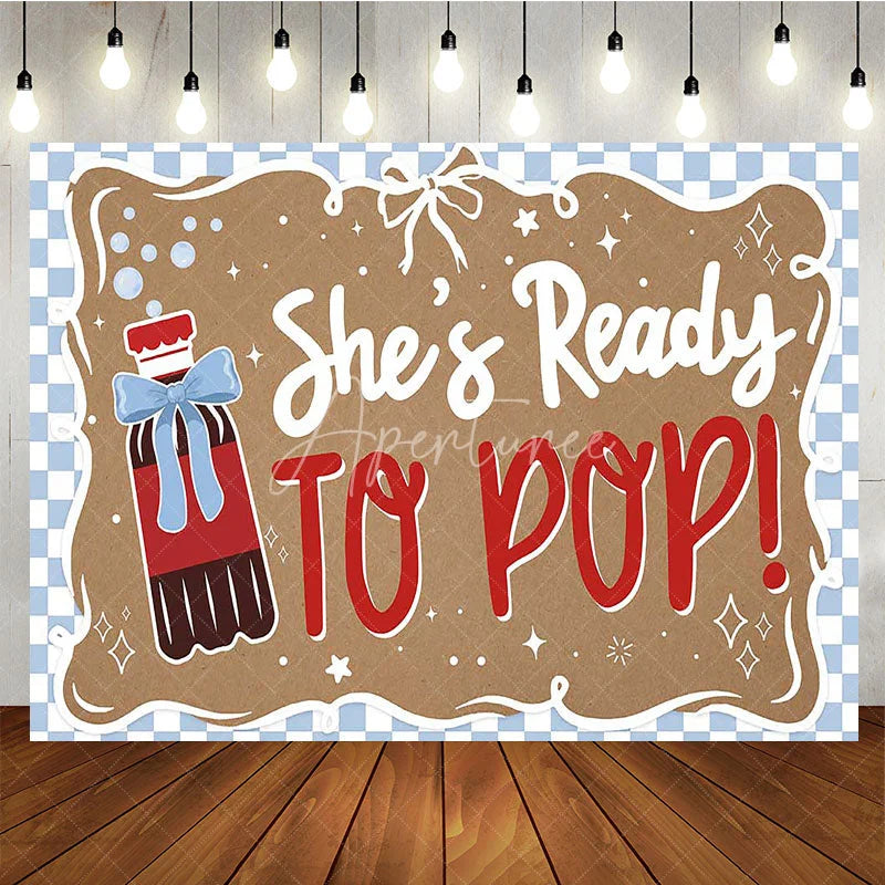 Aperturee - Aperturee She is Ready to Pop Baby Shower Backdrop Blue Checkered Soda Theme Party Decoration