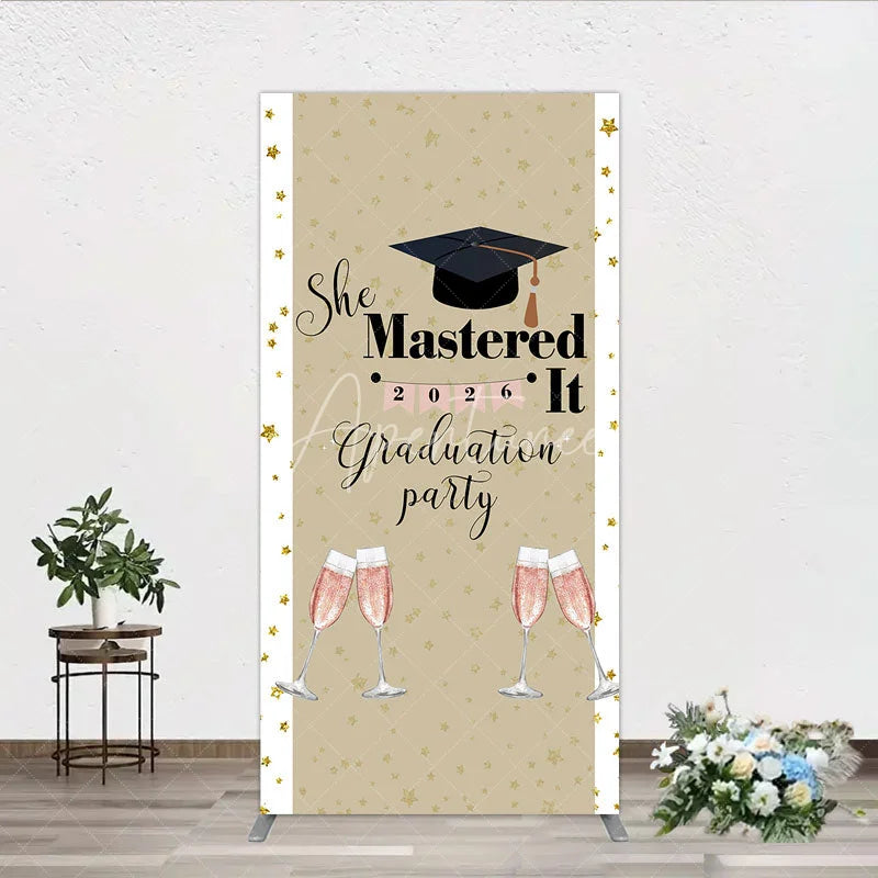 Aperturee - Aperturee She Mastered It 2026 Graduation Rectangle Backdrop Gold Star and Champagne Party Cover