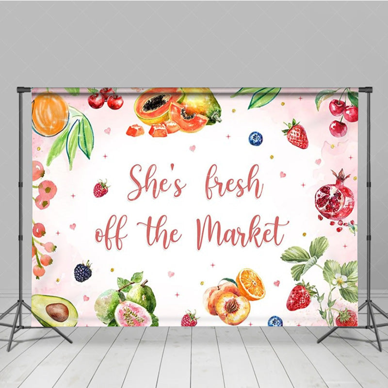 Aperturee - Aperturee She’s Fresh Off The Market Bridal Shower Backdrop Watercolor Fruit Theme Fun Bachelorette Party Photo Prop