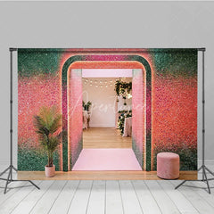 Aperturee - Aperturee Shimmering Green and Pink Glitter Gradient Archway Photography Backdrop Vibrant Party Celebration Decor