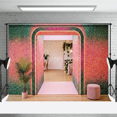 Aperturee - Aperturee Shimmering Green and Pink Glitter Gradient Archway Photography Backdrop Vibrant Party Celebration Decor