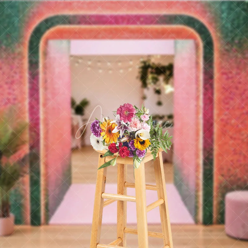Aperturee - Aperturee Shimmering Green and Pink Glitter Gradient Archway Photography Backdrop Vibrant Party Celebration Decor