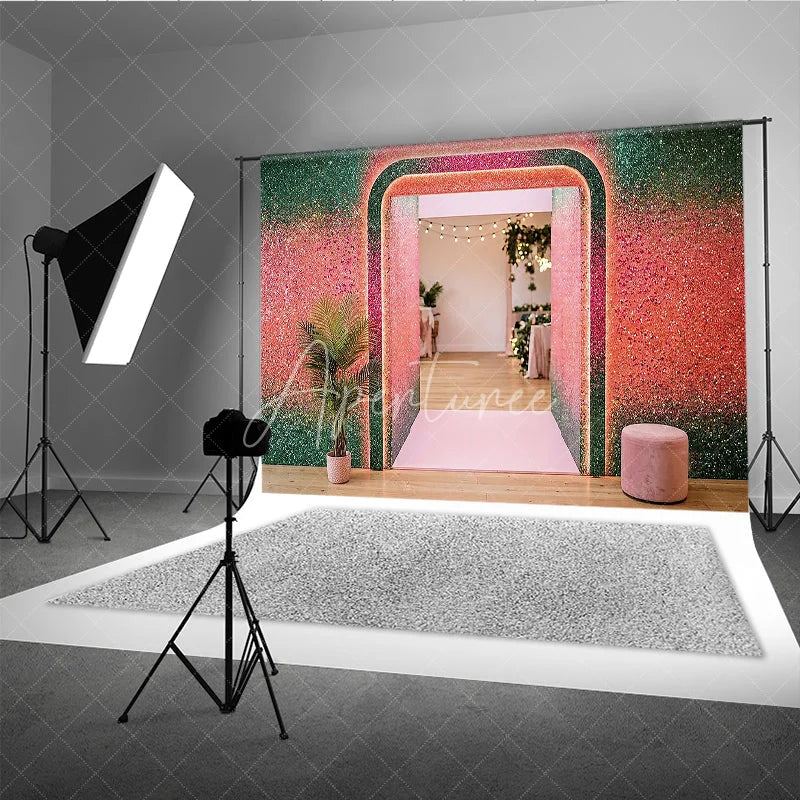 Aperturee - Aperturee Shimmering Green and Pink Glitter Gradient Archway Photography Backdrop Vibrant Party Celebration Decor
