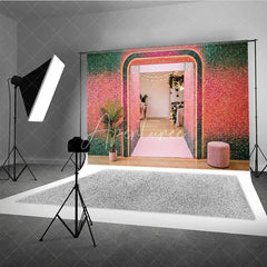 Aperturee - Aperturee Shimmering Green and Pink Glitter Gradient Archway Photography Backdrop Vibrant Party Celebration Decor