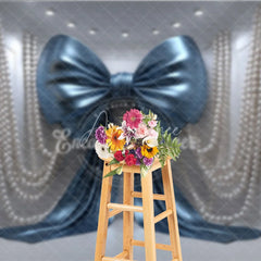 Aperturee - Aperturee Shiny Blue Bow with Elegant Pearls and Gold Sconces Photography Backdrop Luxurious Party Decor