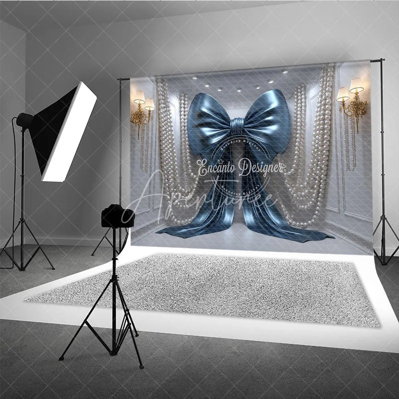 Aperturee - Aperturee Shiny Blue Bow with Elegant Pearls and Gold Sconces Photography Backdrop Luxurious Party Decor