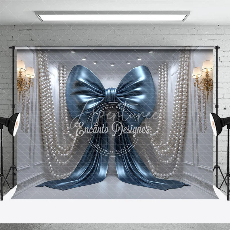 Aperturee - Aperturee Shiny Blue Bow with Elegant Pearls and Gold Sconces Photography Backdrop Luxurious Party Decor