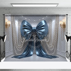 Aperturee - Aperturee Shiny Blue Bow with Elegant Pearls and Gold Sconces Photography Backdrop Luxurious Party Decor