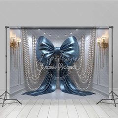 Aperturee - Aperturee Shiny Blue Bow with Elegant Pearls and Gold Sconces Photography Backdrop Luxurious Party Decor