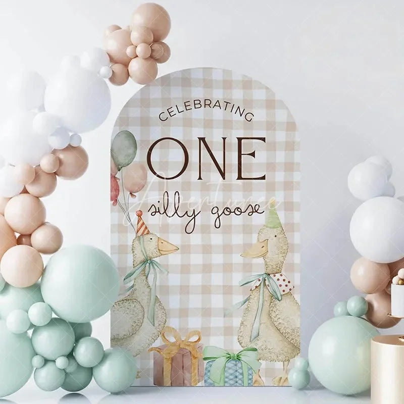 Aperturee - Aperturee Silly Goose Plaid Birthday Backdrop Whimsical Kids Party Arch Decor Farmhouse Theme Photo Booth Background