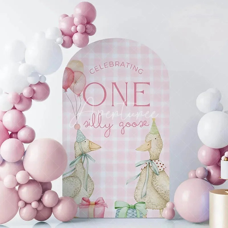 Aperturee - Aperturee Silly Goose Plaid Birthday Backdrop Whimsical Kids Party Arch Decor Farmhouse Theme Photo Booth Background