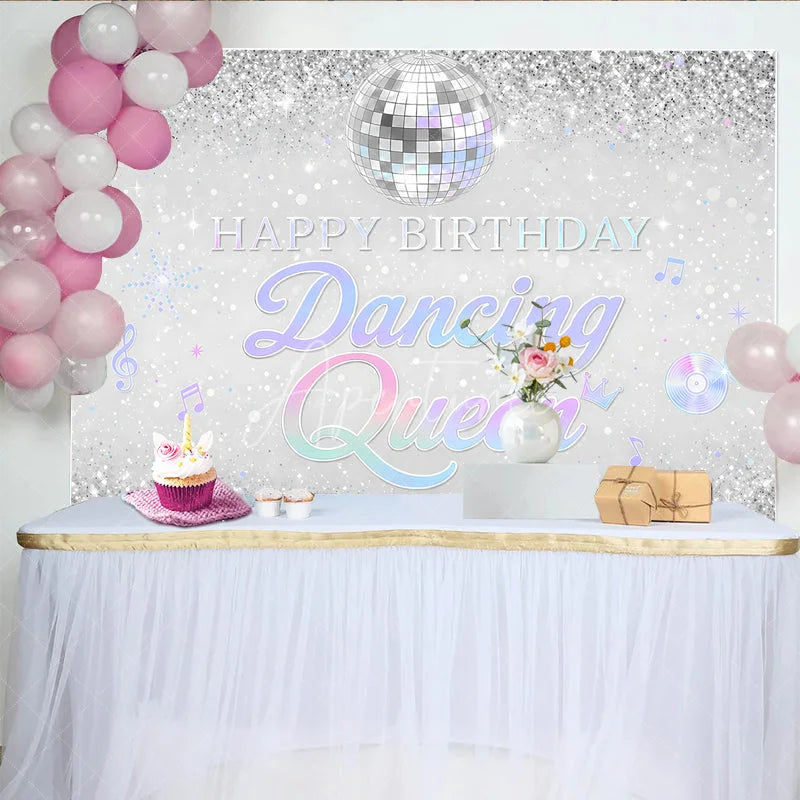 Aperturee - Aperturee Silver Glitter Disco Ball Dancing Queen Happy Birthday Backdrop Iridescent Music Notes Party Decor