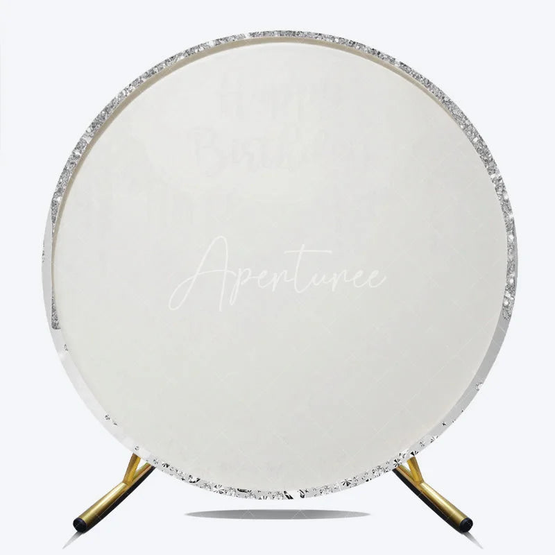 Aperturee - Aperturee Silver Glitter Happy Birthday Round Backdrop Shimmery Celebration Party Decor Photo Booth Wall for Party