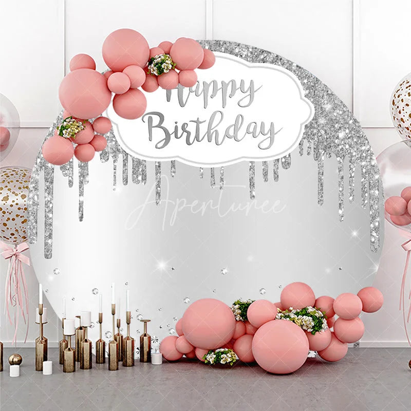 Aperturee - Aperturee Silver Glitter Happy Birthday Round Backdrop Shimmery Celebration Party Decor Photo Booth Wall for Party
