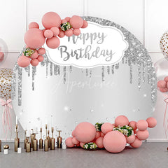 Aperturee - Aperturee Silver Glitter Happy Birthday Round Backdrop Shimmery Celebration Party Decor Photo Booth Wall for Party