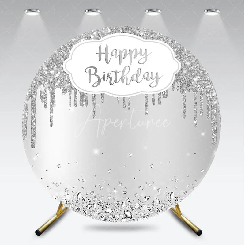 Aperturee - Aperturee Silver Glitter Happy Birthday Round Backdrop Shimmery Celebration Party Decor Photo Booth Wall for Party
