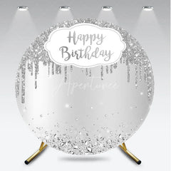 Aperturee - Aperturee Silver Glitter Happy Birthday Round Backdrop Shimmery Celebration Party Decor Photo Booth Wall for Party