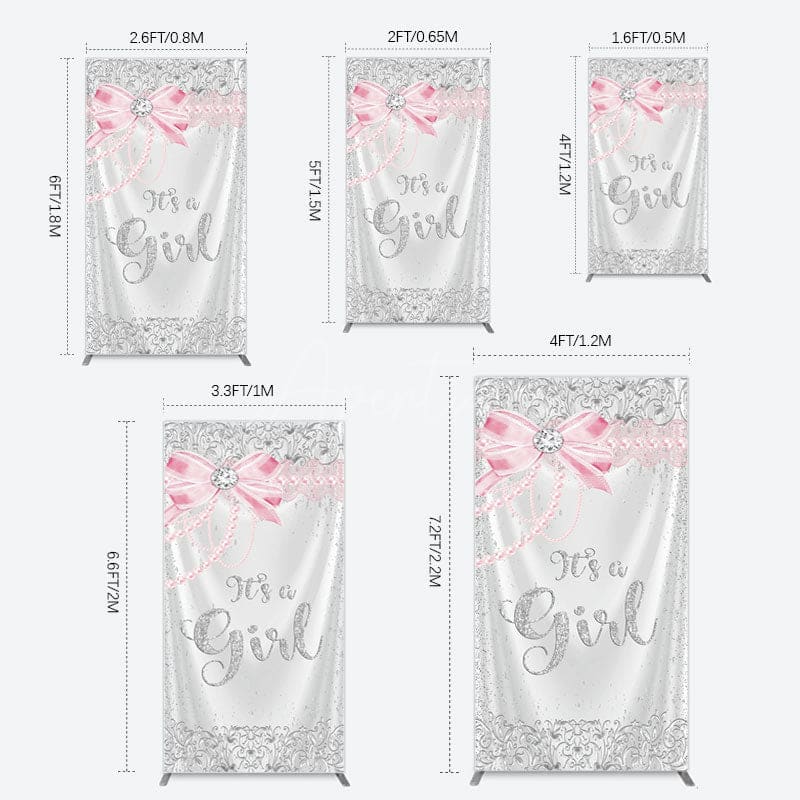 Aperturee - Aperturee Silver Glitter Pink Bow Its A Girl Rectangle Backdrop
