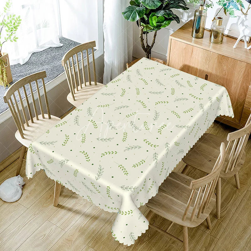 Aperturee - Aperturee Simple Botanical Leaf Rectangle Tablecloth Beige with Green Leaves and Dots Farmhouse Kitchen Dining Decor