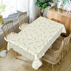 Aperturee - Aperturee Simple Botanical Leaf Rectangle Tablecloth Beige with Green Leaves and Dots Farmhouse Kitchen Dining Decor