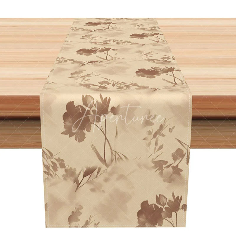 Aperturee - Aperturee Simple Brown Floral Silhouette Table Runner Beige Neutral Botanical Print Modern Farmhouse Dining Decor