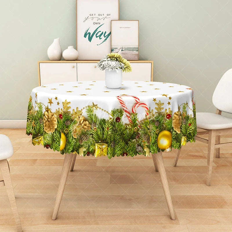 Aperturee - Aperturee Simple Christmas Round Tablecloth with Garland Candy Canes and Stars on White Holiday Dining Decor