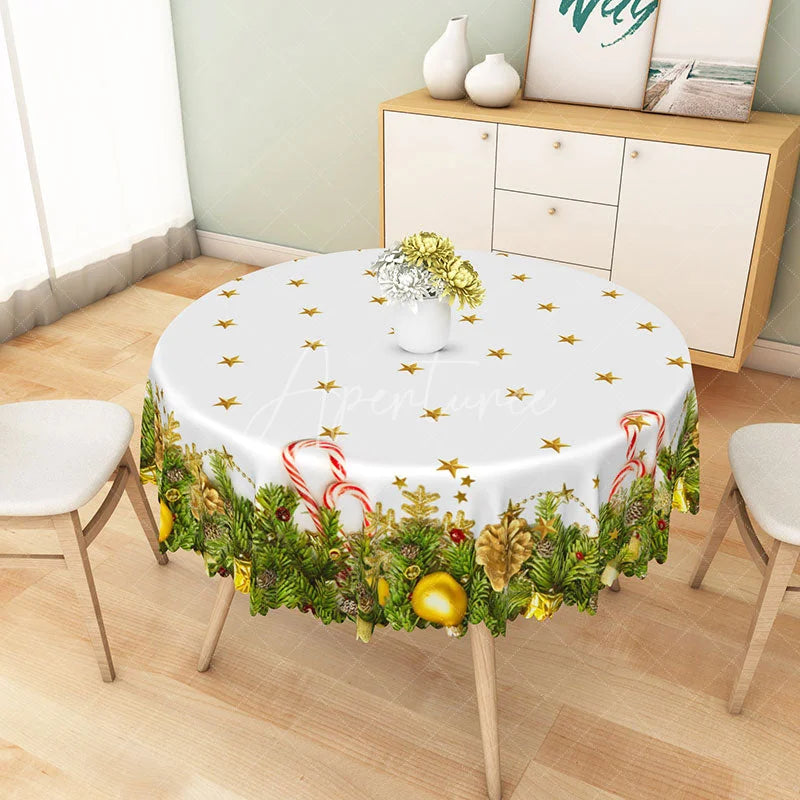 Aperturee - Aperturee Simple Christmas Round Tablecloth with Garland Candy Canes and Stars on White Holiday Dining Decor