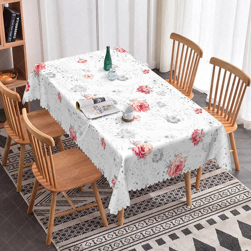 Aperturee - Aperturee Simple Elegant Floral Rectangle Tablecloth Pink and Grey Flowers on White Modern Farmhouse Dining Decor