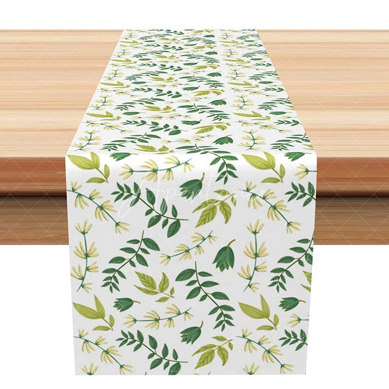 Aperturee - Aperturee Simple Green Leaf Table Runner on White Farmhouse Botanical Print for Kitchen Dining and Spring Decor