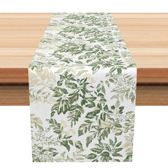 Aperturee - Aperturee Simple Greenery Table Runner Botanical Leaf Print on White Modern Farmhouse Kitchen Dining Decor