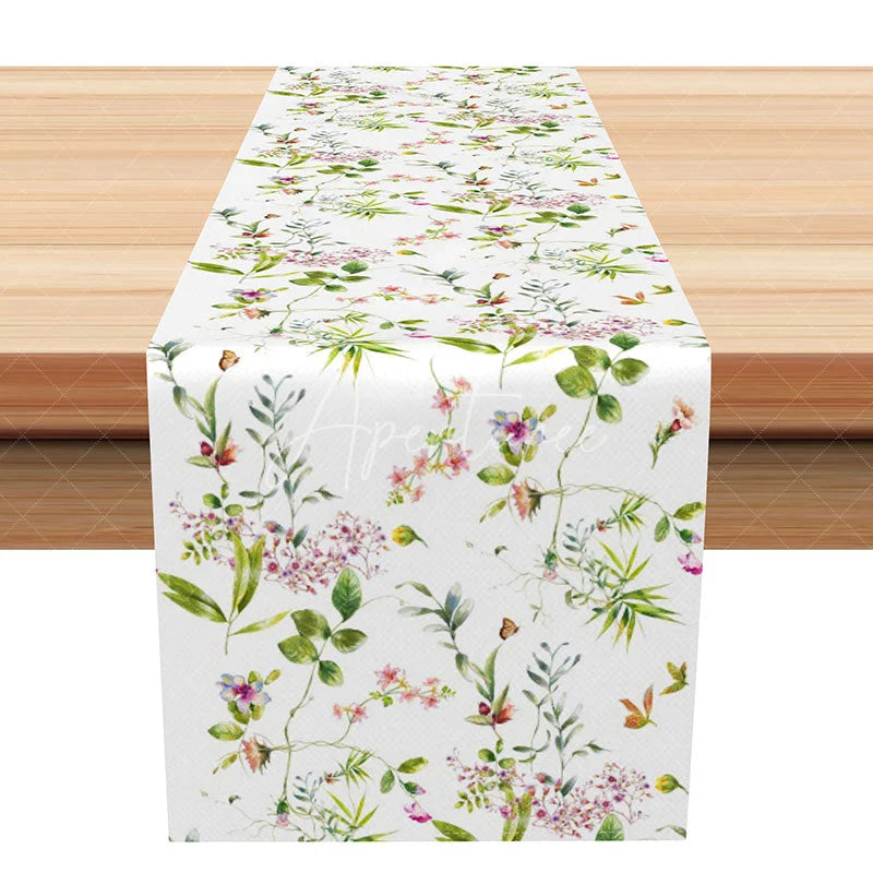 Aperturee - Aperturee Simple Pink Floral Table Runner with Green Leaves Modern Farmhouse Kitchen Dining Decor