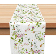 Aperturee - Aperturee Simple Pink Floral Table Runner with Green Leaves Modern Farmhouse Kitchen Dining Decor