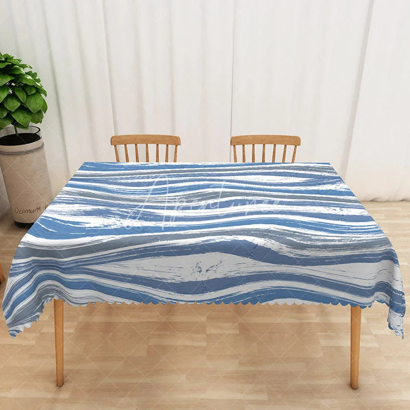Aperturee - Aperturee Simple White Rectangle Tablecloth with Blue and Gray Water Ripples for Coastal and Minimalist Decor