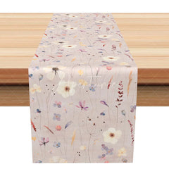 Aperturee - Aperturee Simple Wildflower Table Runner Neutral Beige Botanical Print Modern Farmhouse Boho Kitchen Decor