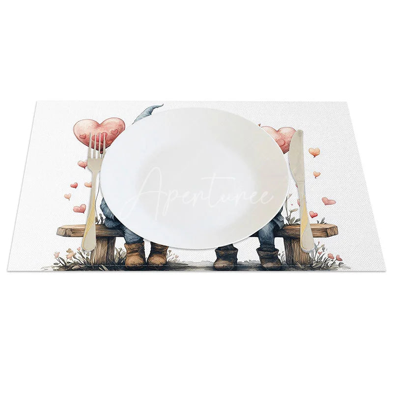 Aperturee - Aperturee Sitting Gnome Heart Balloon Set of 4 Placemats Red Blue Hat Valentine Decoration Cute Couple Dining Table Mat