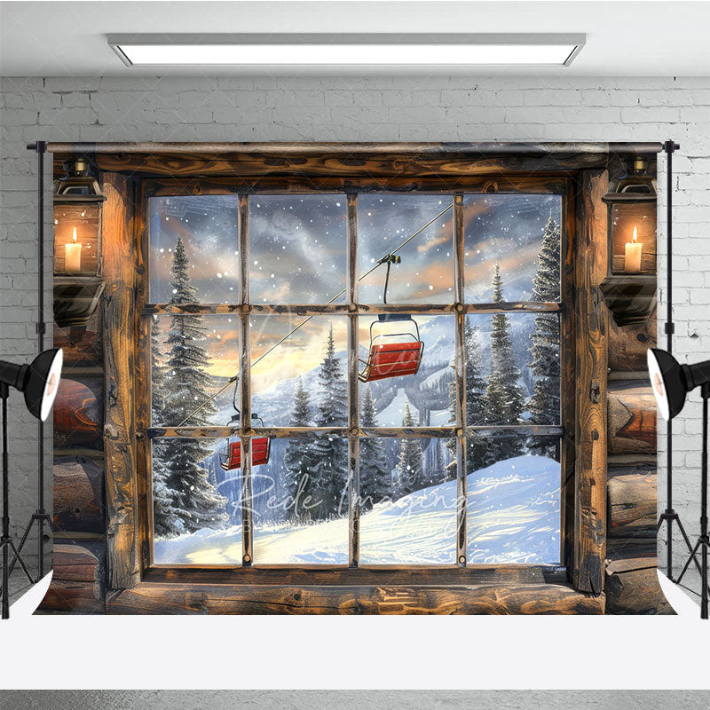 Aperturee - Aperturee Ski Lodge Cabin Window Photography Backdrop Snowy Mountain and Ski Lift View Rustic Winter Holiday Background