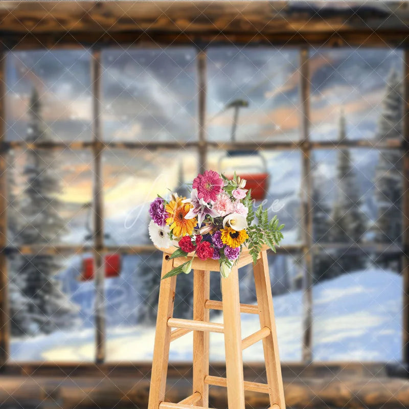 Aperturee - Aperturee Ski Lodge Cabin Window Photography Backdrop Snowy Mountain and Ski Lift View Rustic Winter Holiday Background